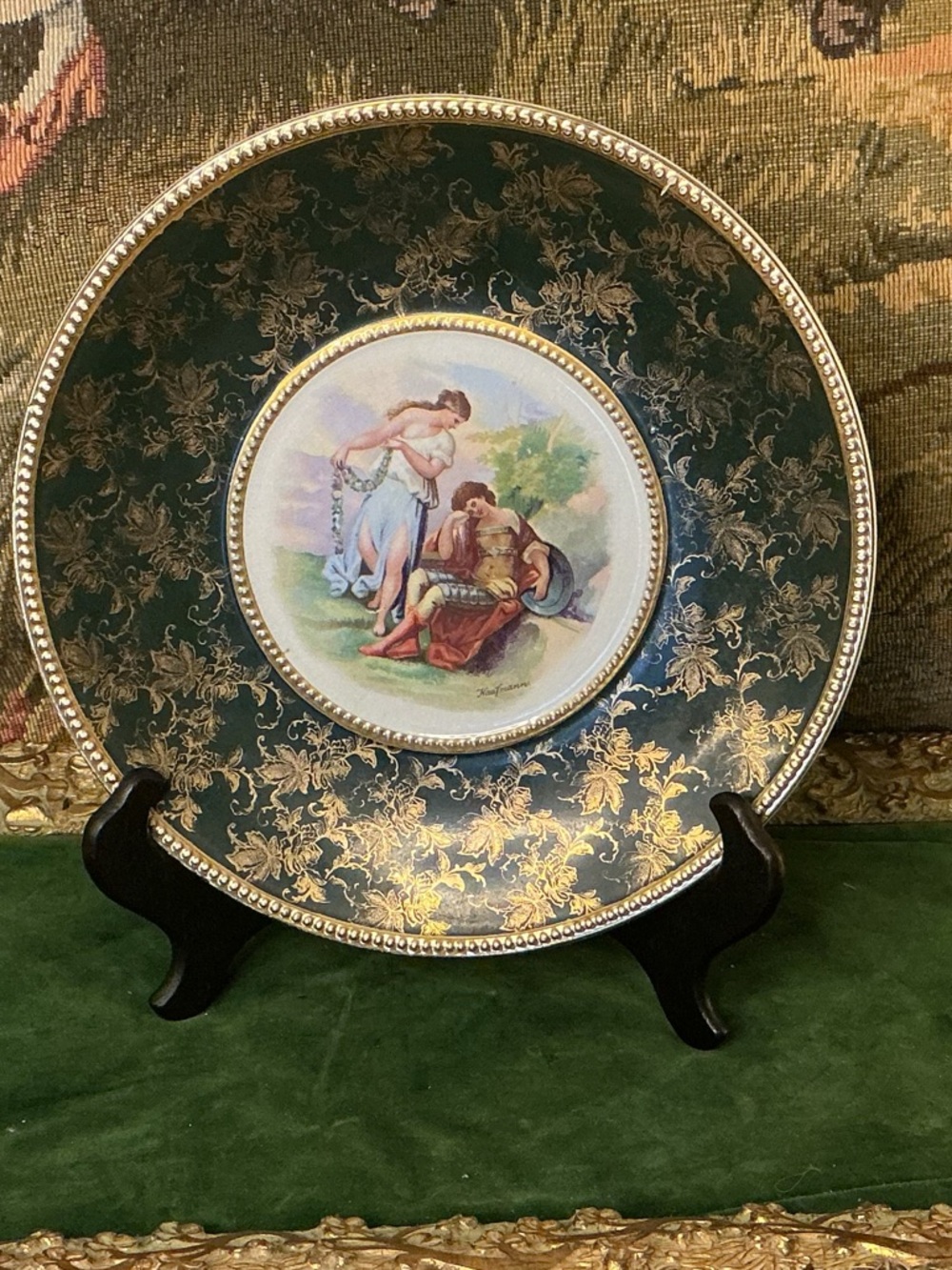 Decorative Gold-Accented Green Porcelain Display Plate